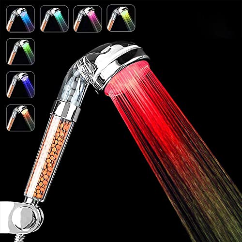 Alcachofa de ducha con led de 7 colores cambiantes, para cuarto de baño, spa – Alta presión, ahorro de agua – Alta filtración con tres niveles de iones negativos de prevención