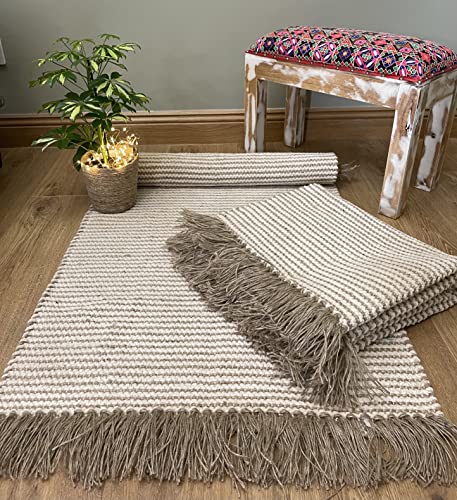 Alfombra Colva Fino Dos Tonos Natural Avena Rayas Beige Tejido Plano De Hilo De Yute De Algodón 70cm x 130cm