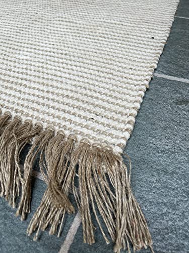 Alfombra Colva Fino Dos Tonos Natural Avena Rayas Beige Tejido Plano De Hilo De Yute De Algodón 70cm x 130cm