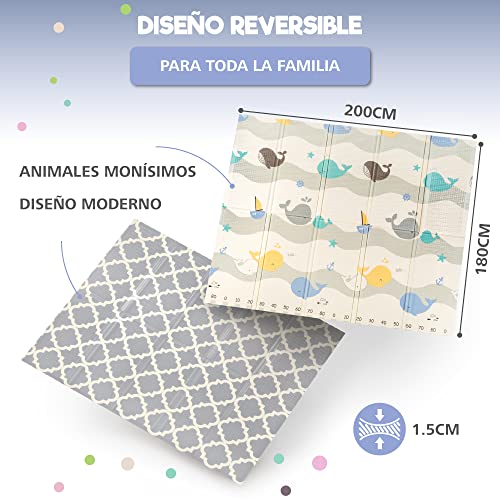 Alfombra Infantil de Juegos 180x200x1,5cm - Alfombra Bebe XXL Reversible - Lado Niños y Lado Adultos - Parque Infantil Bebe Espuma Gruesa - Plegable e Impermeable - Certificado CE sin Producto tóxico