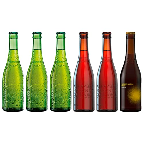 Alhambra Reserva Cerveza – Estuche Regalo de 6 Botellas y 1 Copa de Cristal, 3 x 33 cl de Alhambra 1925, 2 x 33 cl Alhambra Roja Bock Lager y 1 x 33 cl Alhambra Esencia Citra IPA