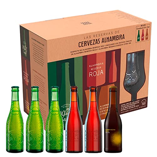 Alhambra Reserva Cerveza – Estuche Regalo de 6 Botellas y 1 Copa de Cristal, 3 x 33 cl de Alhambra 1925, 2 x 33 cl Alhambra Roja Bock Lager y 1 x 33 cl Alhambra Esencia Citra IPA