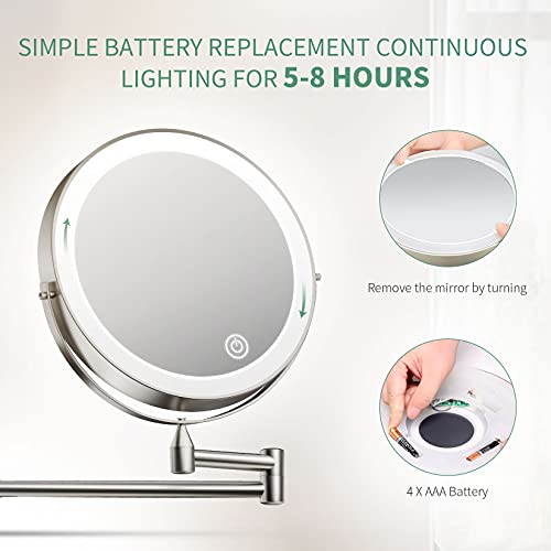 alvorog Espejo Maquillaje con Luz LED, Espejo de Pared con 3 Modos de Luz y Aumento 1x/5x, 8”Espejo de Baño con Luz Ajustable, Rotación de 360° (Níquel con Pilas)