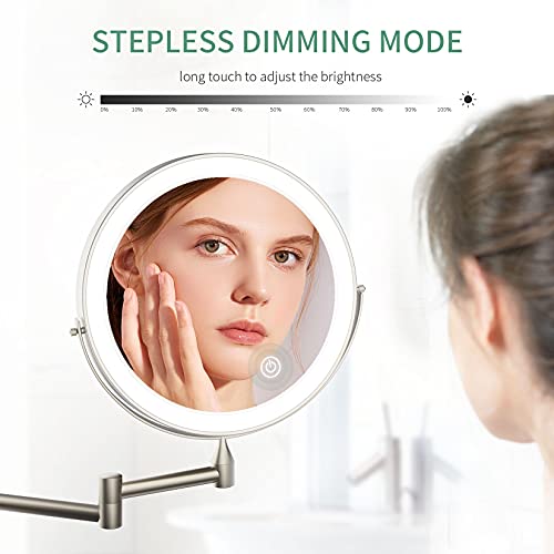 alvorog Espejo Maquillaje con Luz LED, Espejo de Pared con 3 Modos de Luz y Aumento 1x/5x, 8”Espejo de Baño con Luz Ajustable, Rotación de 360° (Níquel con Pilas)