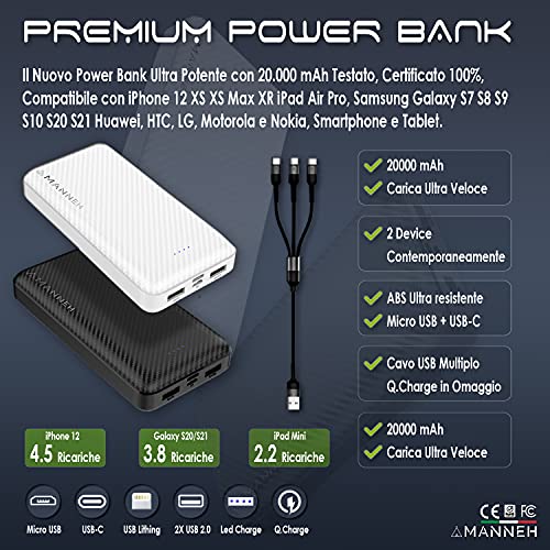 Amanneh Power Bank Batería 20000 mAh Externa Movil Cargador LED Rápido Portátil con 2 entradas y 2 salidas + 1 Cable Multifuncional 3 en 1 Compatible con iPhone Samsung USB C Android Consola Tablet.