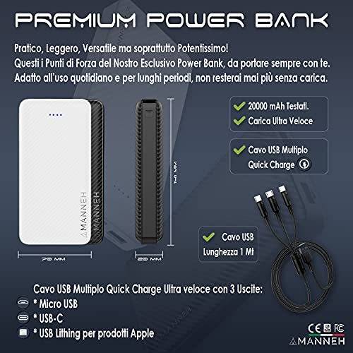 Amanneh Power Bank Batería 20000 mAh Externa Movil Cargador LED Rápido Portátil con 2 entradas y 2 salidas + 1 Cable Multifuncional 3 en 1 Compatible con iPhone Samsung USB C Android Consola Tablet.