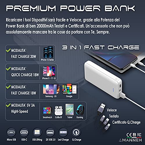 Amanneh Power Bank Batería 20000 mAh Externa Movil Cargador LED Rápido Portátil con 2 entradas y 2 salidas + 1 Cable Multifuncional 3 en 1 Compatible con iPhone Samsung USB C Android Consola Tablet.