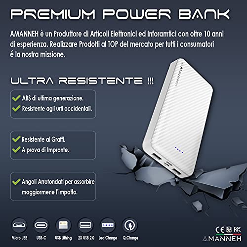 Amanneh Power Bank Batería 20000 mAh Externa Movil Cargador LED Rápido Portátil con 2 entradas y 2 salidas + 1 Cable Multifuncional 3 en 1 Compatible con iPhone Samsung USB C Android Consola Tablet.