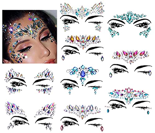 Amaza Face Gems Stickers, Tatuajes Temporales Pegatinas, Efecto Glitter, Fiestas, Espectáculos y Maquillaje (9 Piezas)