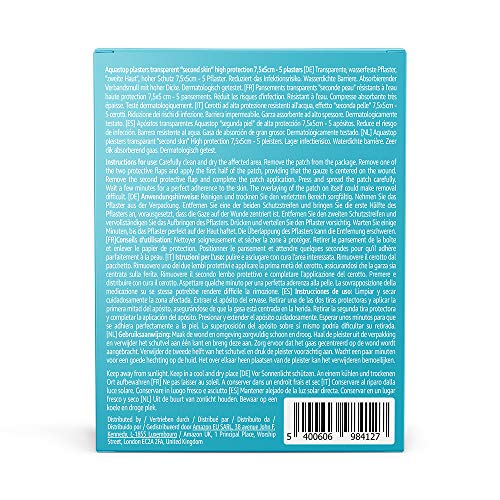 Amazon Basic Care - Tiritas Aquastop transparentes «segunda piel» de alta protección, 60 tiritas, 12 paquetes de 5 unidades, 7,5 x 5 cm