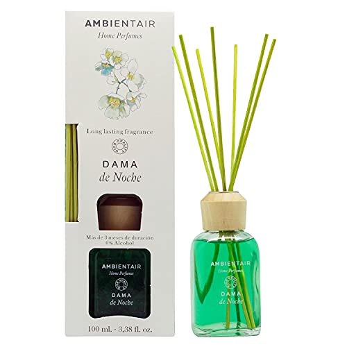 Ambientair Home Perfumes. Difusor de Varillas perfumadas Aroma Dama de Noche. Ambientador Mikado Aroma Dama de Noche. Difusor 100 ml con palitos de ratán. Ambientador sin Alcohol para casa.