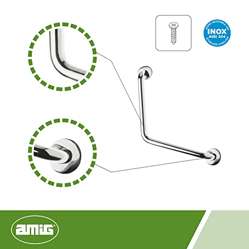 Amig - Manillón en Forma de L con Roseta Mod.6 de Acero Inoxidable 18/8 | Asidero de Seguridad de Pared Ideal para Duchas y Bañeras | Medidas - Asa: Ø25 x 600 mm, Roseta: Ø65 mm | Incluye Tornillos