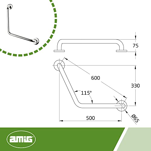 Amig - Manillón en Forma de L con Roseta Mod.6 de Acero Inoxidable 18/8 | Asidero de Seguridad de Pared Ideal para Duchas y Bañeras | Medidas - Asa: Ø25 x 600 mm, Roseta: Ø65 mm | Incluye Tornillos