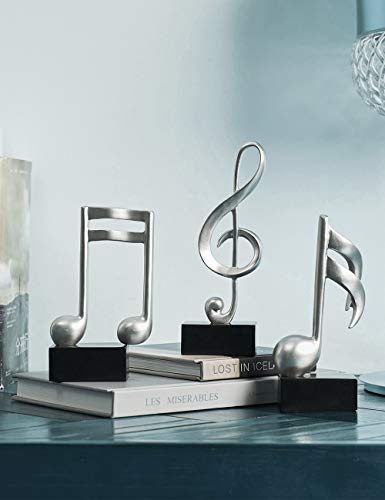 Amoy-Art 3pcs Musical Decorativa Figura Music Nota Escultura Piano Estatua Interno Salon Hogar Moderna Regalos Design Música Plata 19cmH