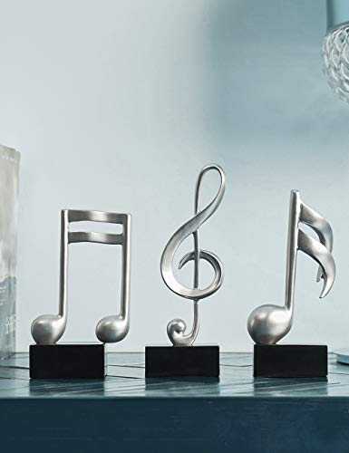 Amoy-Art 3pcs Musical Decorativa Figura Music Nota Escultura Piano Estatua Interno Salon Hogar Moderna Regalos Design Música Plata 19cmH