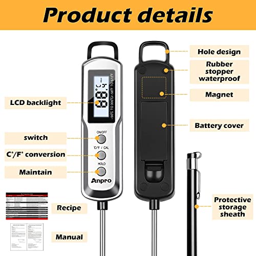 Anpro Termómetro Carne, Termómetro Digital Cocina, IPX4 a Prueba de agua, sonda de 115 mm, Termometro de Cocina para Carne,Barbacoa,Alimento