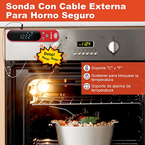 Anpro Termometro Cocina, 2 en 1 Termómetro Digital Cocina Lectura Instantánea con Sonda Larga, Termometro Carne con Alarma para Carne,Barbacoa,Alimento,BBQ,Parrilla,Liquidos