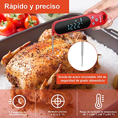 Anpro Termometro Cocina, 2 en 1 Termómetro Digital Cocina Lectura Instantánea con Sonda Larga, Termometro Carne con Alarma para Carne,Barbacoa,Alimento,BBQ,Parrilla,Liquidos