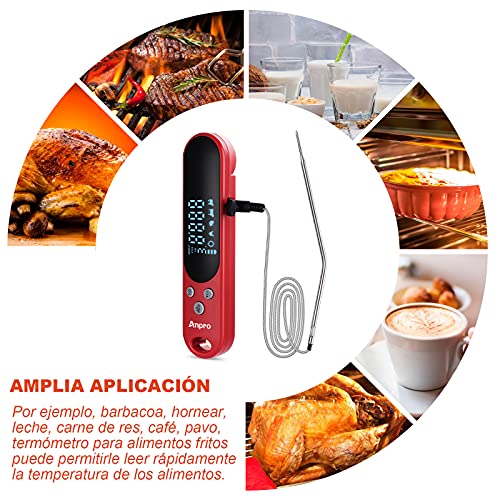 Anpro Termometro Cocina, 2 en 1 Termómetro Digital Cocina Lectura Instantánea con Sonda Larga, Termometro Carne con Alarma para Carne,Barbacoa,Alimento,BBQ,Parrilla,Liquidos