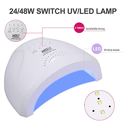 Anself 48W Lámpara UV LED Kit de Esmaltes Semipermanentes,6 x 7.5ml Kit de Iniciación de Esmalte de Uñas de Gel Semipermanente, Base y Top Coat Nail Art Kit Manicura con Herramientas