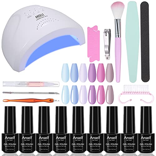 Anself 48W Lámpara UV LED Kit de Esmaltes Semipermanentes,6 x 7.5ml Kit de Iniciación de Esmalte de Uñas de Gel Semipermanente, Base y Top Coat Nail Art Kit Manicura con Herramientas