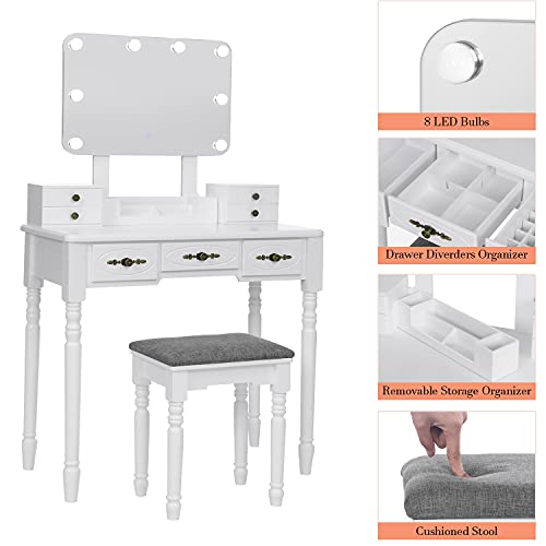 ANWBROAD Tocador con Espejo Plegable Blanco y 8 Bombillas LED Mesa Maquillaje con 7 cajones 3 separadores para Manualidades Taburete Acolchado Organizador móvil BDT08W