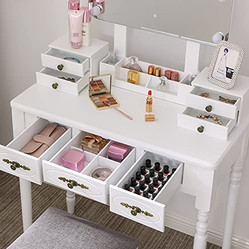 ANWBROAD Tocador con Espejo Plegable Blanco y 8 Bombillas LED Mesa Maquillaje con 7 cajones 3 separadores para Manualidades Taburete Acolchado Organizador móvil BDT08W