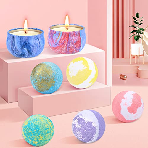 Aottom Bomba de Baño con Vela Aromática Regalo Set, 5 Bolas de Baño+2 Velas Perfumadas+200g Sales de Baño para Navidad Regalo de Baño de Burbujas Espuma para Mujeres y Niños