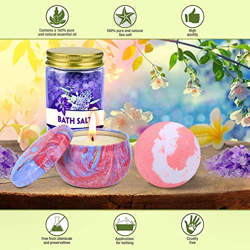 Aottom Bomba de Baño con Vela Aromática Regalo Set, 5 Bolas de Baño+2 Velas Perfumadas+200g Sales de Baño para Navidad Regalo de Baño de Burbujas Espuma para Mujeres y Niños