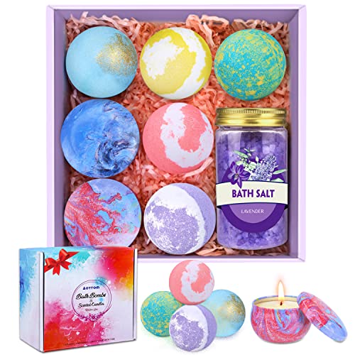 Aottom Bomba de Baño con Vela Aromática Regalo Set, 5 Bolas de Baño+2 Velas Perfumadas+200g Sales de Baño para Navidad Regalo de Baño de Burbujas Espuma para Mujeres y Niños