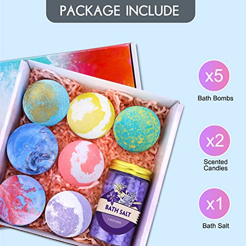 Aottom Bomba de Baño con Vela Aromática Regalo Set, 5 Bolas de Baño+2 Velas Perfumadas+200g Sales de Baño para Navidad Regalo de Baño de Burbujas Espuma para Mujeres y Niños