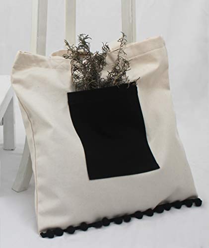 AR - Tote Bag color natural de algodón con bolsillo y flecos negros a conjunto, bolso de hombro resistente