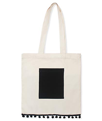 AR - Tote Bag color natural de algodón con bolsillo y flecos negros a conjunto, bolso de hombro resistente