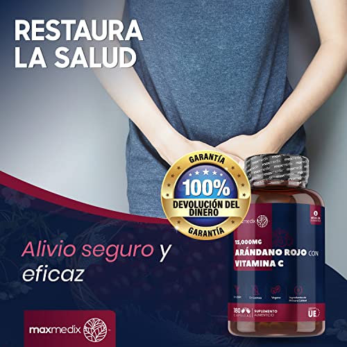 Arándano Rojo Cápsulas 15.000 mg 180 Cápsulas- Suplemento Natural con Vitamina C del Ácido Ascórbico, Extracto de Arándano Rojo Concentrado 50:1 de Alta Absorción, Suministro Para 6 Meses