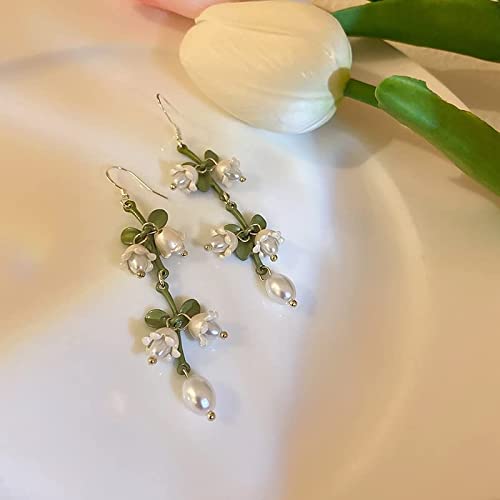 Aretes Diseño Lirio del Valle Perla Verde Gancho para la Oreja para Mujer Pendientes Largos Boutique joyería Venta al por Mayor Fiesta Boda Fecha Regalo