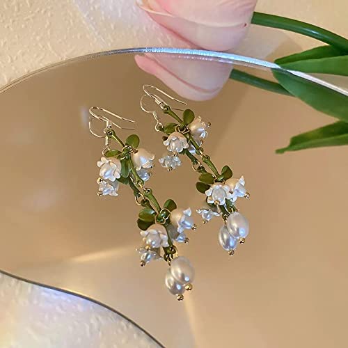 Aretes Diseño Lirio del Valle Perla Verde Gancho para la Oreja para Mujer Pendientes Largos Boutique joyería Venta al por Mayor Fiesta Boda Fecha Regalo