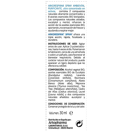 Arkopharma Arkorespira Spray Ambiental Purificante Bio 30ml, Sanea, Purifica Y Refresca El Ambiente, Con Aceites Esenciales, Eucaliptol Y Mentol