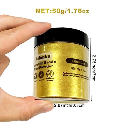 Aslanka Polvo de Mica Oro, 50 g de Resina Epoxi Tinte, Tinte para el Jabón, Polvo de Pigmento Cosmético, Pigmento de Color para la resina, Bomba de baño, Limo, las uñas y más