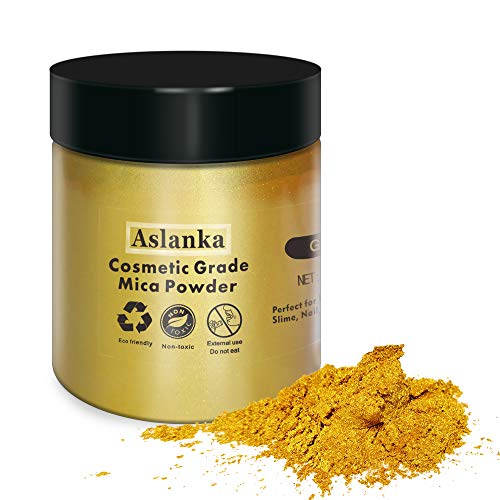 Aslanka Polvo de Mica Oro, 50 g de Resina Epoxi Tinte, Tinte para el Jabón, Polvo de Pigmento Cosmético, Pigmento de Color para la resina, Bomba de baño, Limo, las uñas y más