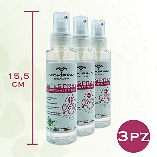 ATOKIRINA SAFESPRAY Desinfectante de manos y superficies 70%Alcohol con Aloe Vera Actúa rápidamente Sin Enjuague Antibacteriano Protege de Virus y Bacterias Desinfecta las manos de los niños 3x100ml