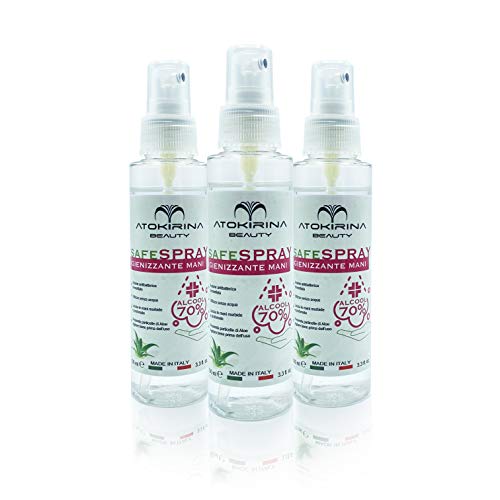 ATOKIRINA SAFESPRAY Desinfectante de manos y superficies 70%Alcohol con Aloe Vera Actúa rápidamente Sin Enjuague Antibacteriano Protege de Virus y Bacterias Desinfecta las manos de los niños 3x100ml