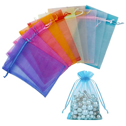 Aucuu 100PCS Bolsas de Organza ,10 x 15 cm, Bolsitas de Tela para Regalos,Bolsas con Cordón para joyería, Cumpleaños, Navidad, Aniversario. (10 Colores Mezclados)