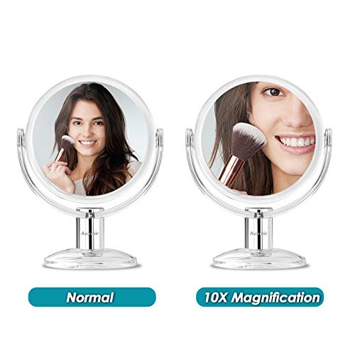 Auxmir Espejo Maquillaje con Aumento de 1X / 10X, Espejo Cosmético Doble Cara, Giratorio 360, Espejo para Mesa Tocador Baño, Transparente