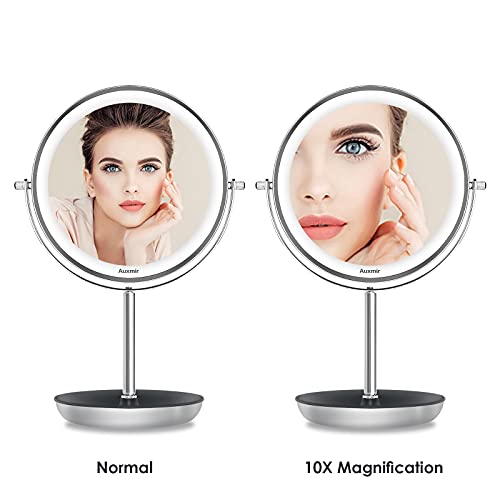 Auxmir Espejo Maquillaje con Luz LED, Espejo de Mesa con Aumento 1/10X, Recargable y 3 Colores de Luz, Doble Cara, Giratorio de 360°, para Maquillaje Afeitado Cuidado Facial, Plata