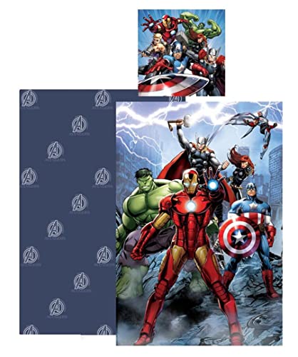 AYMAX S.P.R.L. Disney Avengers Juego de ropa de cama infantil, funda nórdica de 140 x 200 cm y funda de almohada de 65 x 65 cm, algodón