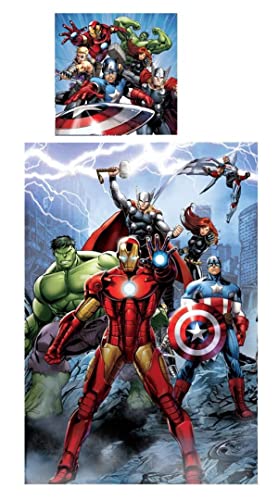 AYMAX S.P.R.L. Disney Avengers Juego de ropa de cama infantil, funda nórdica de 140 x 200 cm y funda de almohada de 65 x 65 cm, algodón