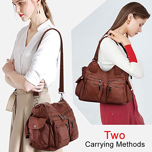 BAIGIO Bolsos de Mujer Bolso de Hombro de Cuero PU Lavadas Suaves para Mujer Gran Capacidad Bolso de Mano con Multitud de Bolsillos con Cremalleras (Marron)