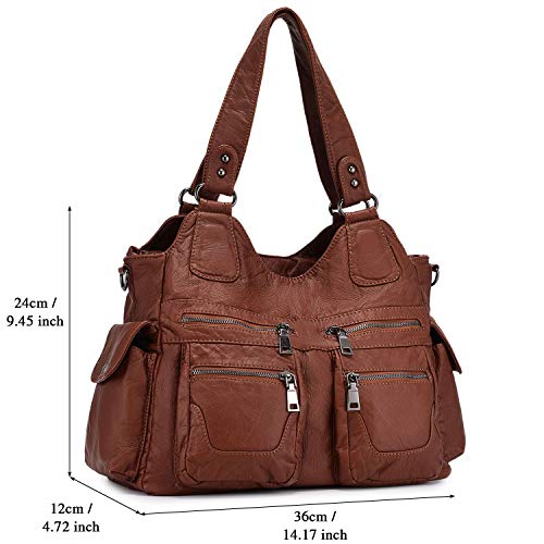 BAIGIO Bolsos de Mujer Bolso de Hombro de Cuero PU Lavadas Suaves para Mujer Gran Capacidad Bolso de Mano con Multitud de Bolsillos con Cremalleras (Marron)