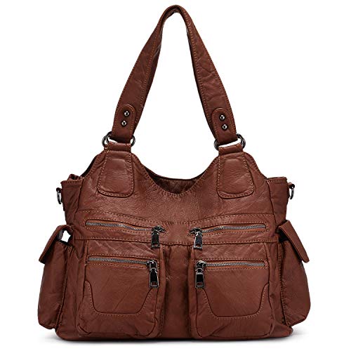 BAIGIO Bolsos de Mujer Bolso de Hombro de Cuero PU Lavadas Suaves para Mujer Gran Capacidad Bolso de Mano con Multitud de Bolsillos con Cremalleras (Marron)