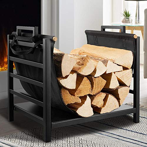 Bakaji Cuna para leña de metal con cesta para leña de tela Oxford para interior de madera, casa para chimenea, estufa, diseño moderno, color negro, tamaño 40 x 45 x 32 cm (Diseño 1)